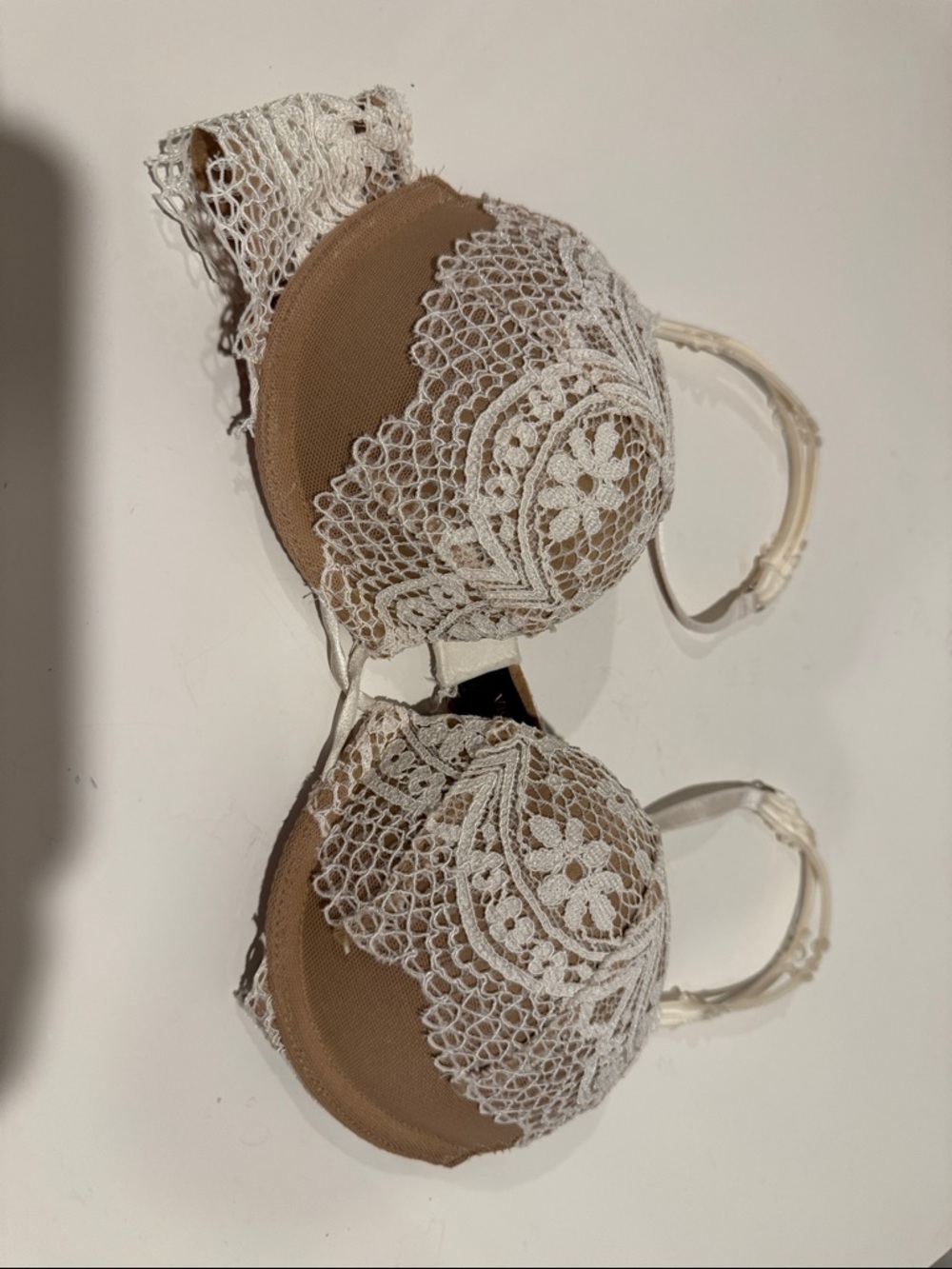 Victoria's Secret Tan Bombshell Plunge with White Lace Overlay NEW